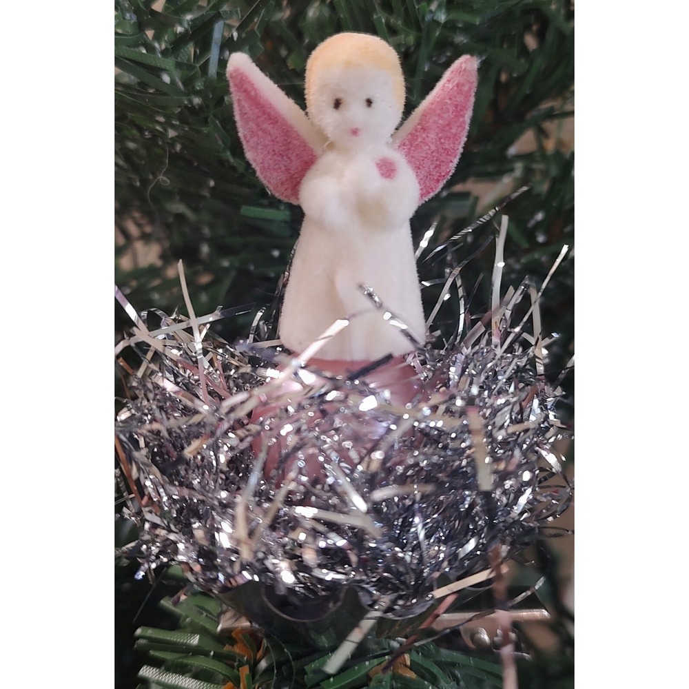 Vtg Pink Flocked Angel Clip On Christmas Ornament Tinsel Tart Tin Handmade O2